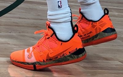 Giannis Antetokounmpo in the Nike Kobe AD Exodus 'Orange camouflage'