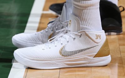 Giannis Antetokounmpo in the Nike Kobe AD Mid 'White and gold'