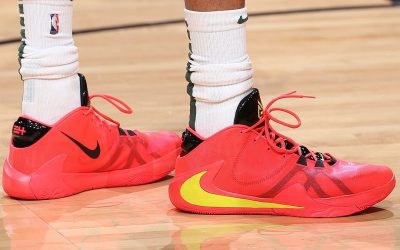 Giannis Antetokounmpo in the Nike Zoom Freak 1 'All orange with yellow swoosh'