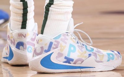 Giannis Antetokounmpo in the Nike Zoom Freak 1 'Alphabet Soup'