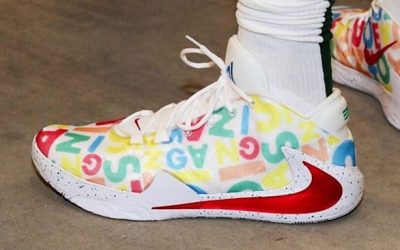 Giannis Antetokounmpo in the Nike Zoom Freak 1 'Alphabet Soup'