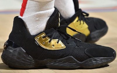 James Harden in the Adidas Harden Vol. 4 'All black with gold shoe eyelet'