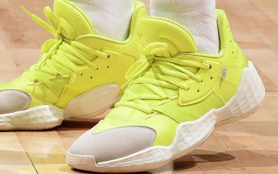 James Harden in the Adidas Harden Vol. 4 'Neon yellow and white'