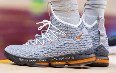 LeBron James in the Nike LeBron 15 'Grey with orange highlights'