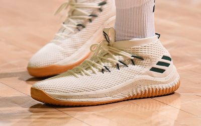 Donovan Mitchell in the Adidas Dame 4 'White with green accent'