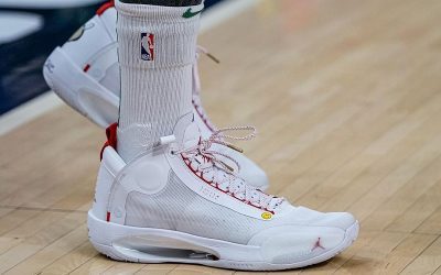 Jayson Tatum in the Air Jordan 34 'Jayson Tatum PE White and red'