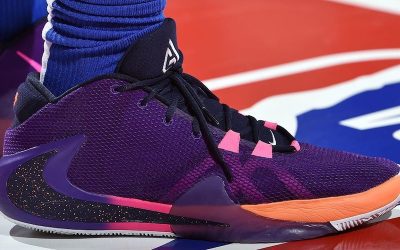 Kostas Antetokounmpo in the Nike Zoom Freak 1 'Purple, orange and pink'