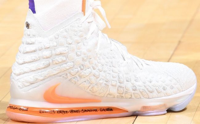 LeBron James in the Nike LeBron 17 “All white with orange swoosh”